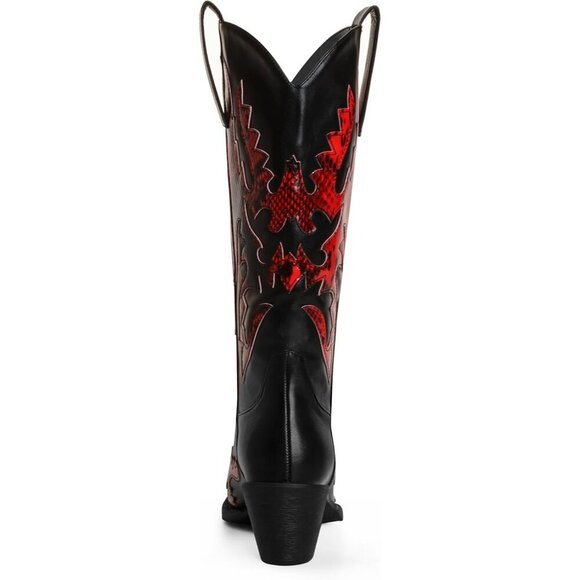 Women's Black Red Mid Calf Knee High Pointed Toe Dressy Cowgirl Western Boots - Picture 4 of 6